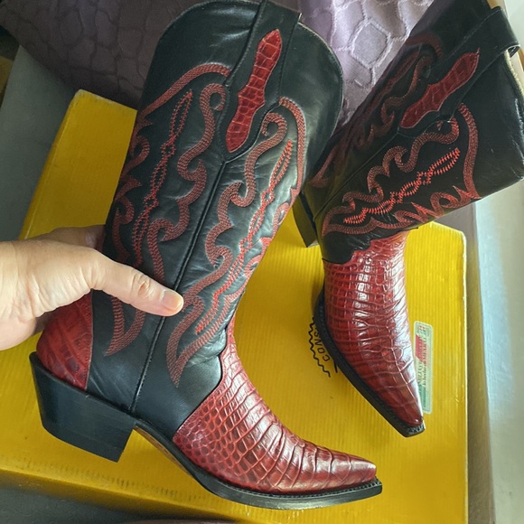Women’s crocodile style western vaquero cowboy boots 7 7.5 red black genuine - Picture 3 of 7